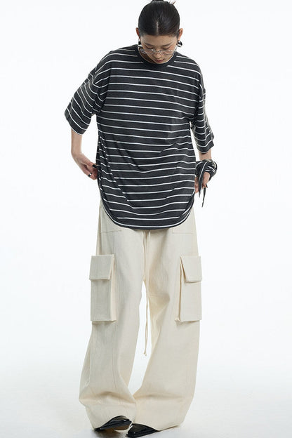 Oversize Gray White Striped Mid-Sleeve Tee