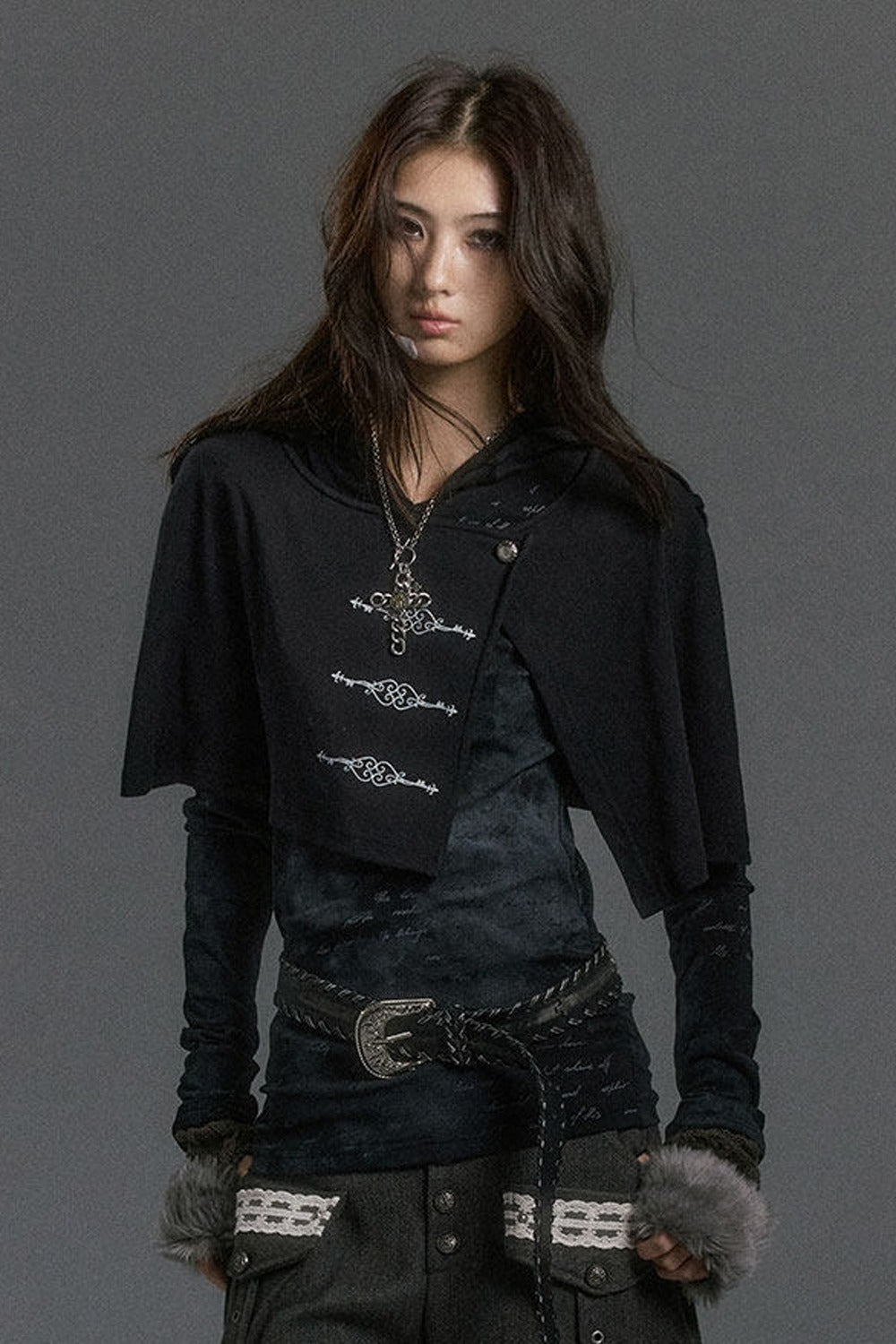 Silver Letter Print Hooded Knit Top