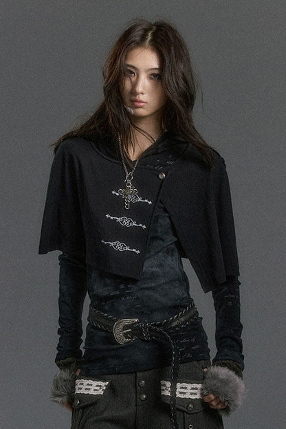 Silver Letter Print Hooded Knit Top