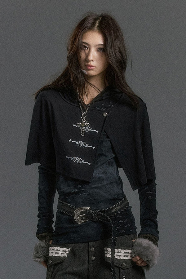 Silver Letter Print Hooded Knit Top