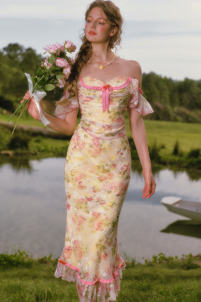 Floral Off-Shoulder Fishbone Corset Top and Skirt Set-Up