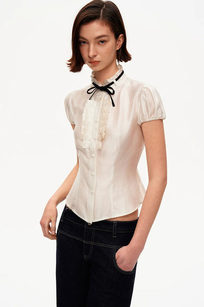 White Tencel Satin Puff Sleeve T-Shirt