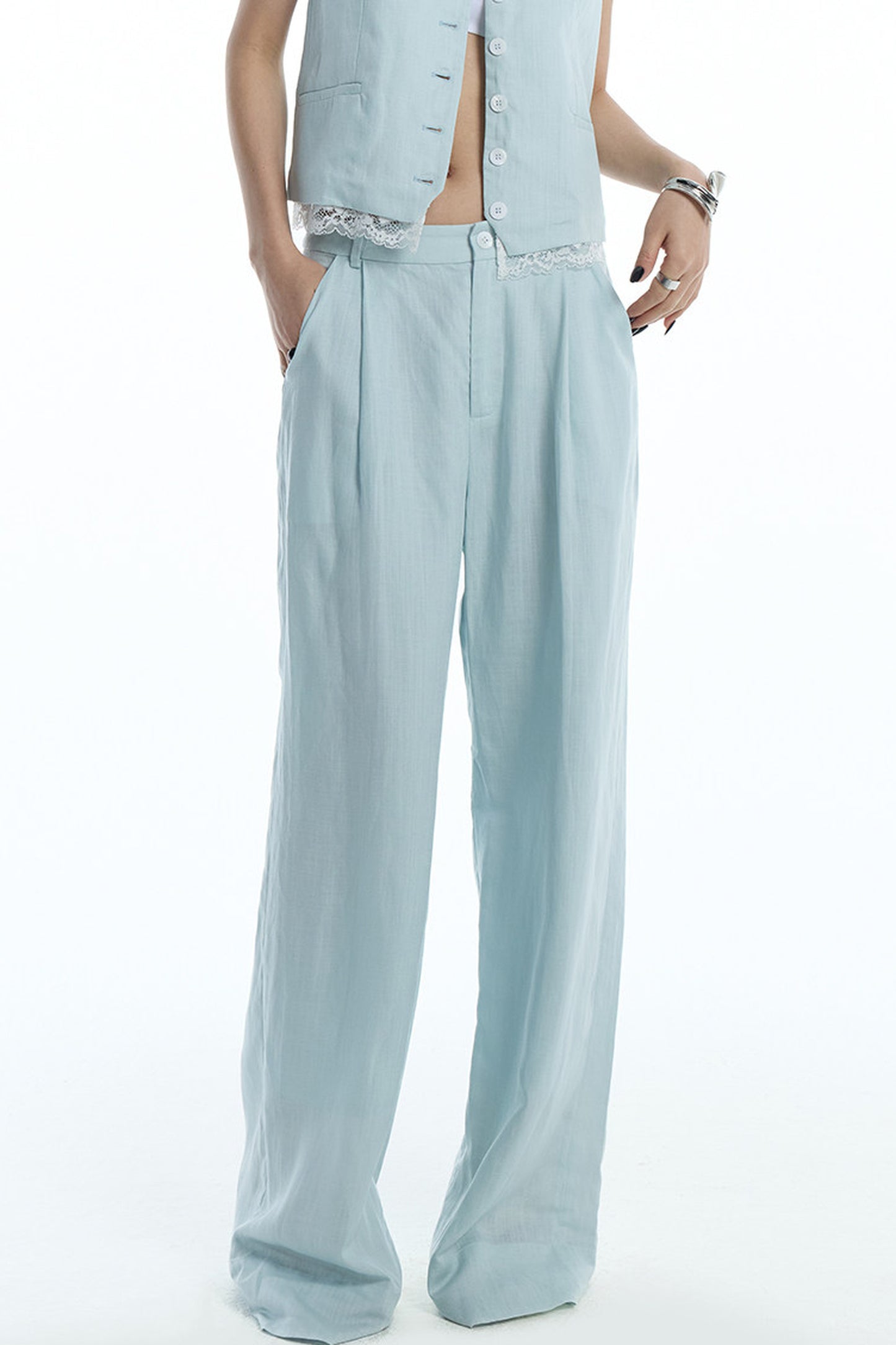 Mint Green Lyocell Cotton Linen Lace Vest and Pants Set-Up