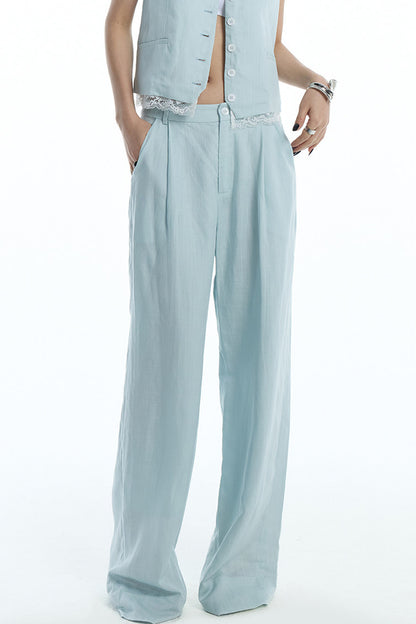 Mint Green Lyocell Cotton Linen Lace Vest and Pants Set-Up