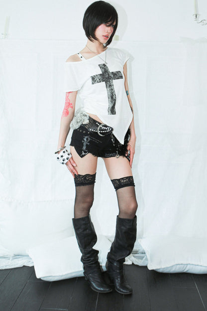 One-Shoulder Cross Print Studded Top