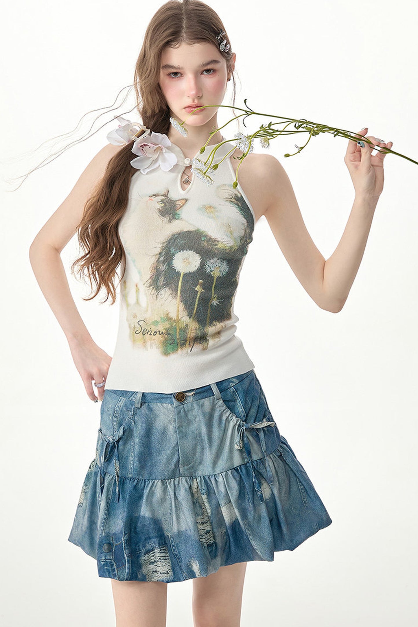 White Cat Print Knit Halter Top