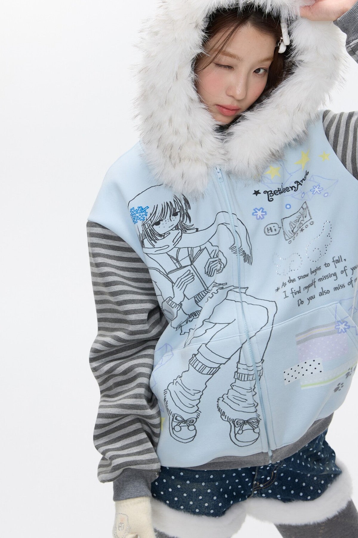 Striped Raglan Fur Collar Jacket