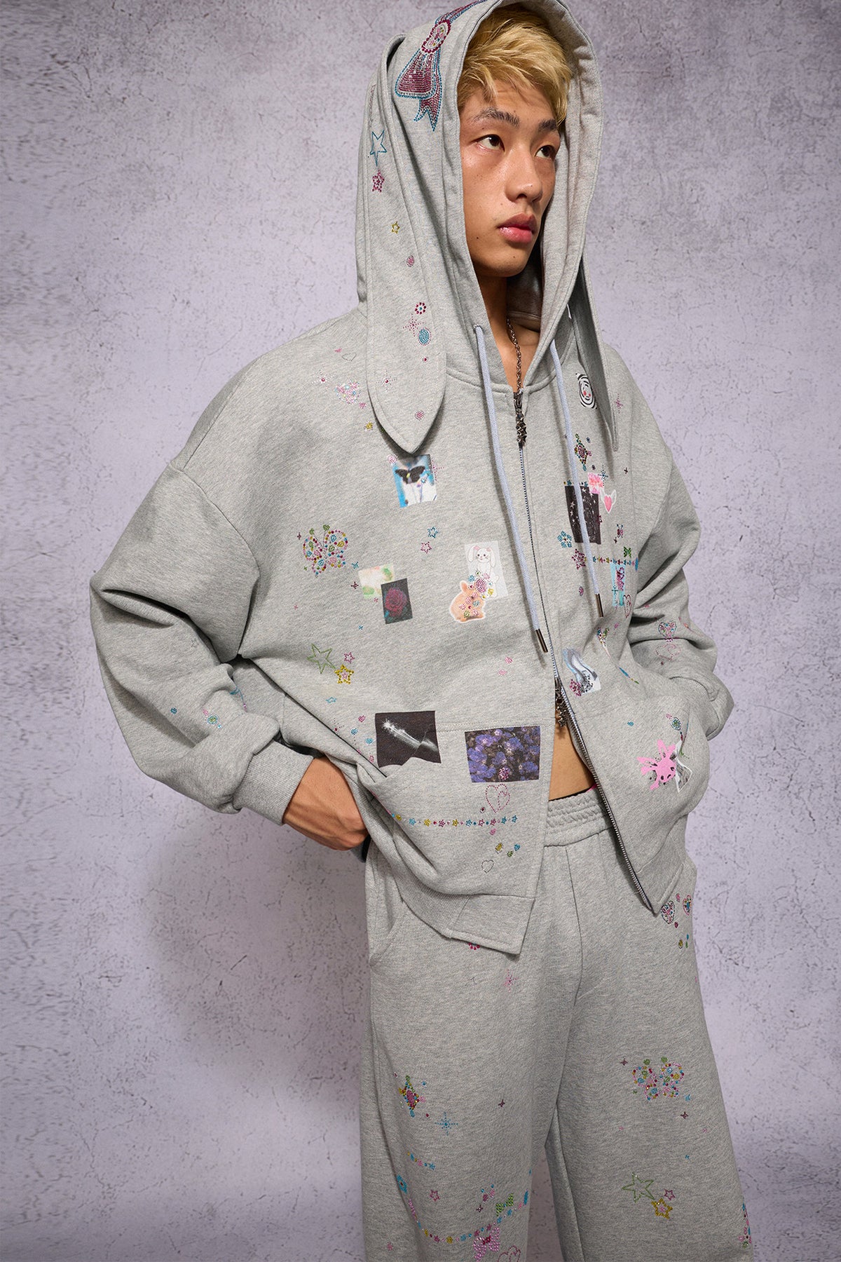 Bunny Ear Rhinestone Sticker Sweat Jacket