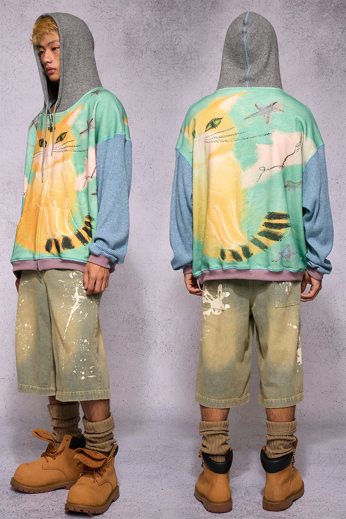 Cat Print Patchwork Sweatshirt Jacket