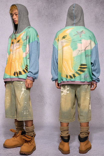 Cat Print Patchwork Sweatshirt Jacket