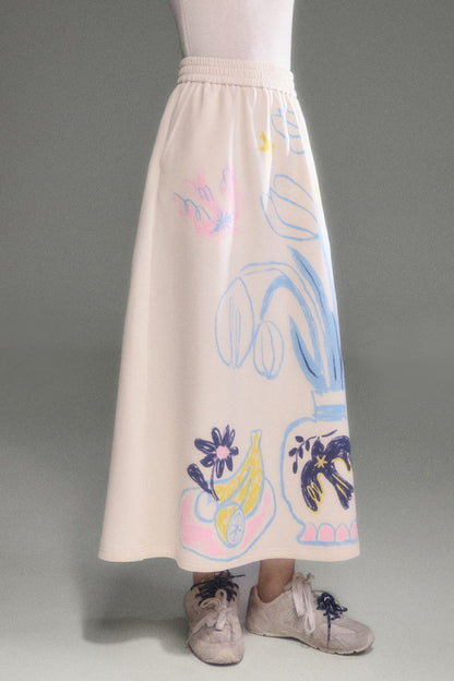 Ear Detail Bird Fruit Print Sweatshirt and Skirt Set-Up
