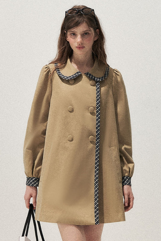 Doll Collar Double-Breasted Plaid Trench Coat