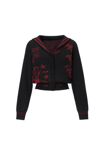 Red Pattern Sailor Hood Cardigan