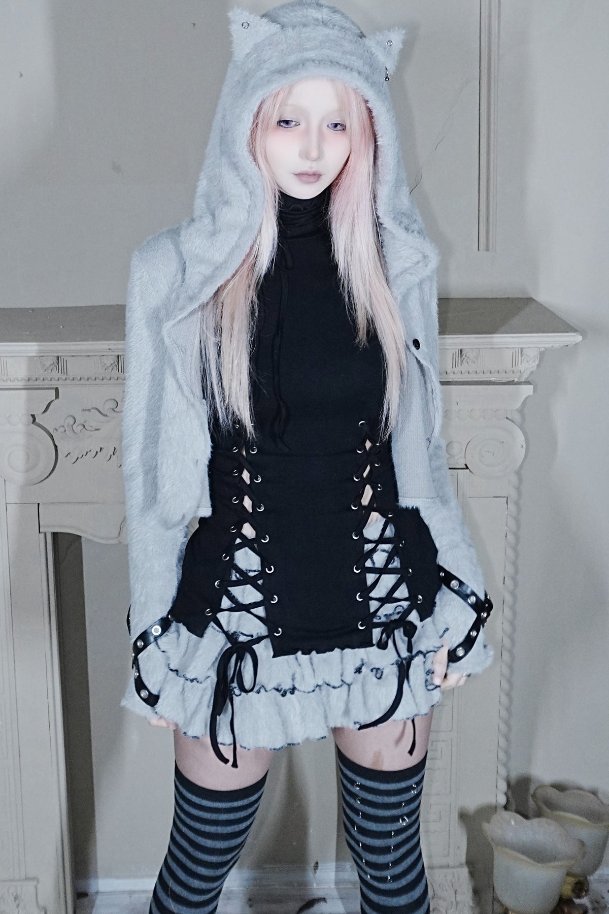 Plush Hooded Cat Ear Cardigan and Skirt Set-Up