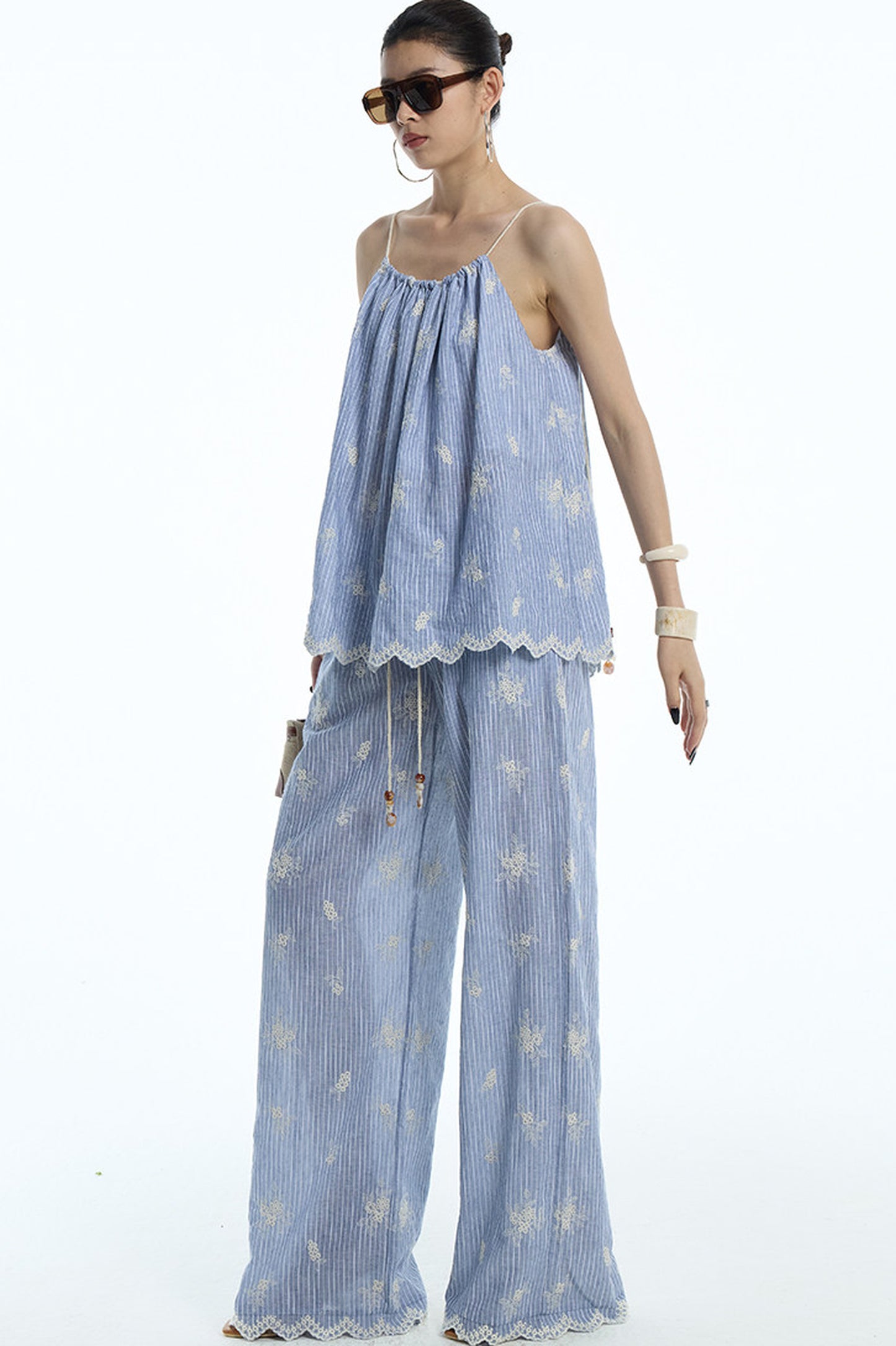 Gray-Blue Jacquard Halter Camisole and Shorts Set-Up