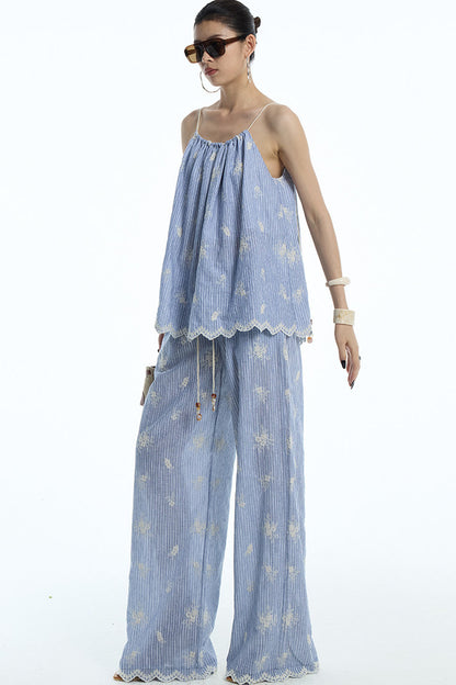 Gray-Blue Jacquard Halter Camisole and Shorts Set-Up
