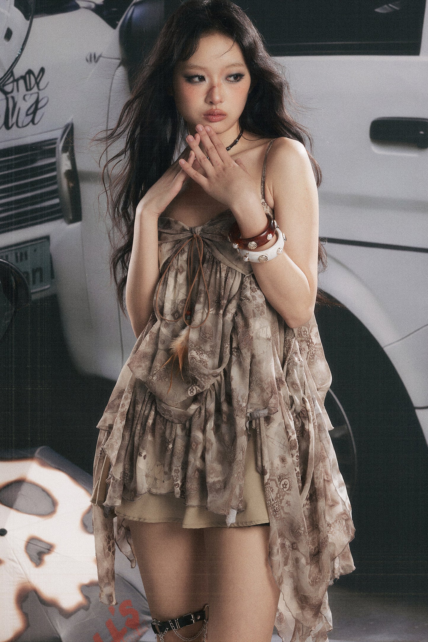 Irregular Print Spaghetti Strap Dress