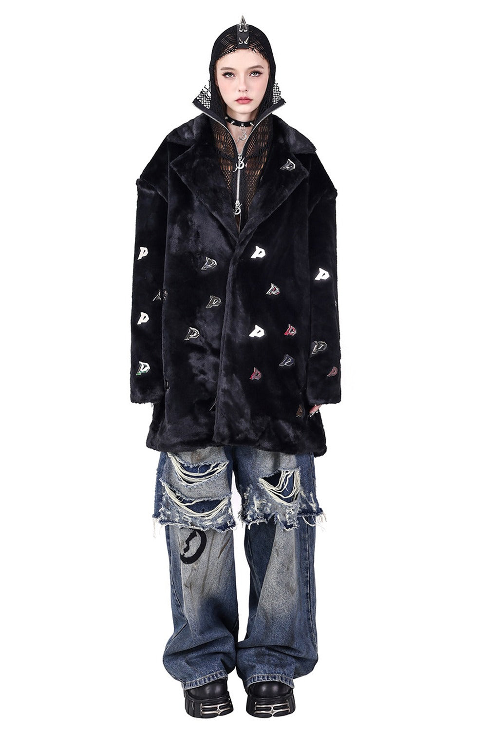 Rivet Hooded Mesh Patch Embroidery Jacket