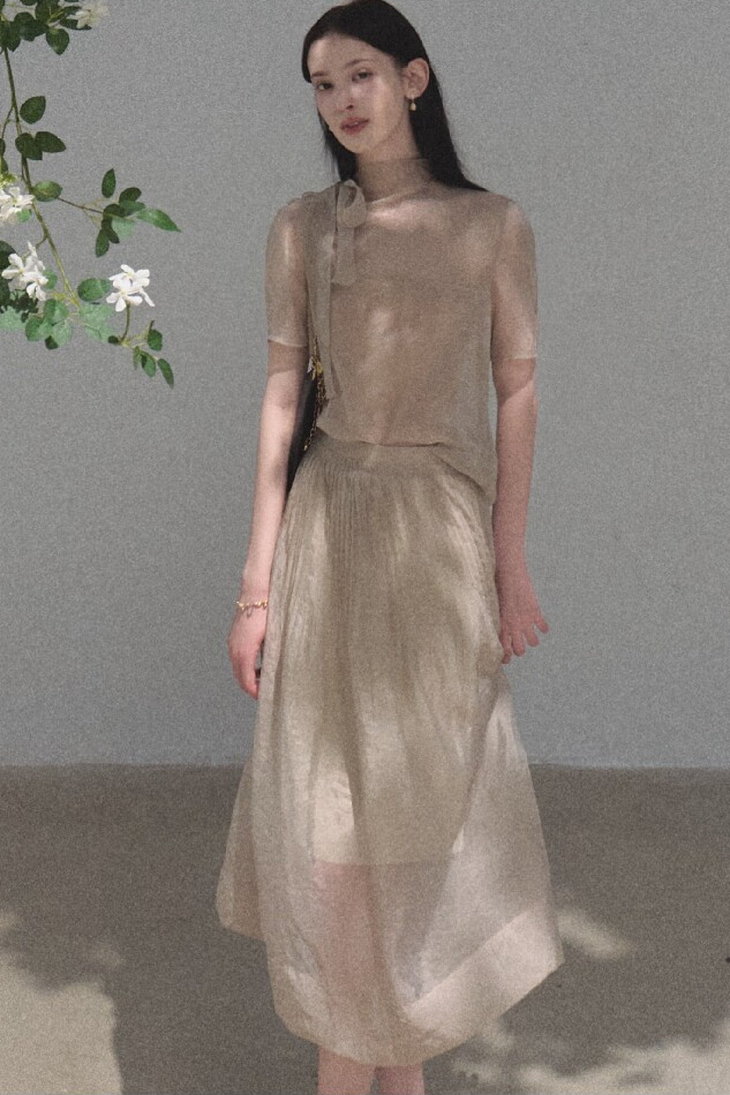 Short-Sleeved Chiffon Blouse and Pleated Mesh Skirt Set-Up