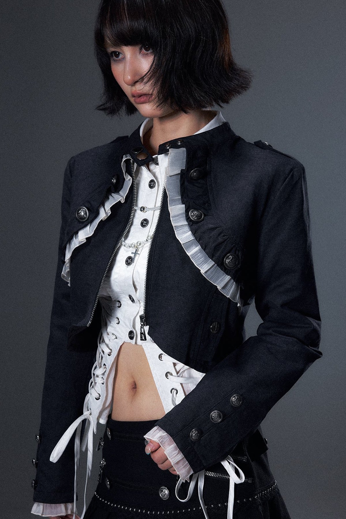 Punk Lace Ruffle Metal Buckle Jacket