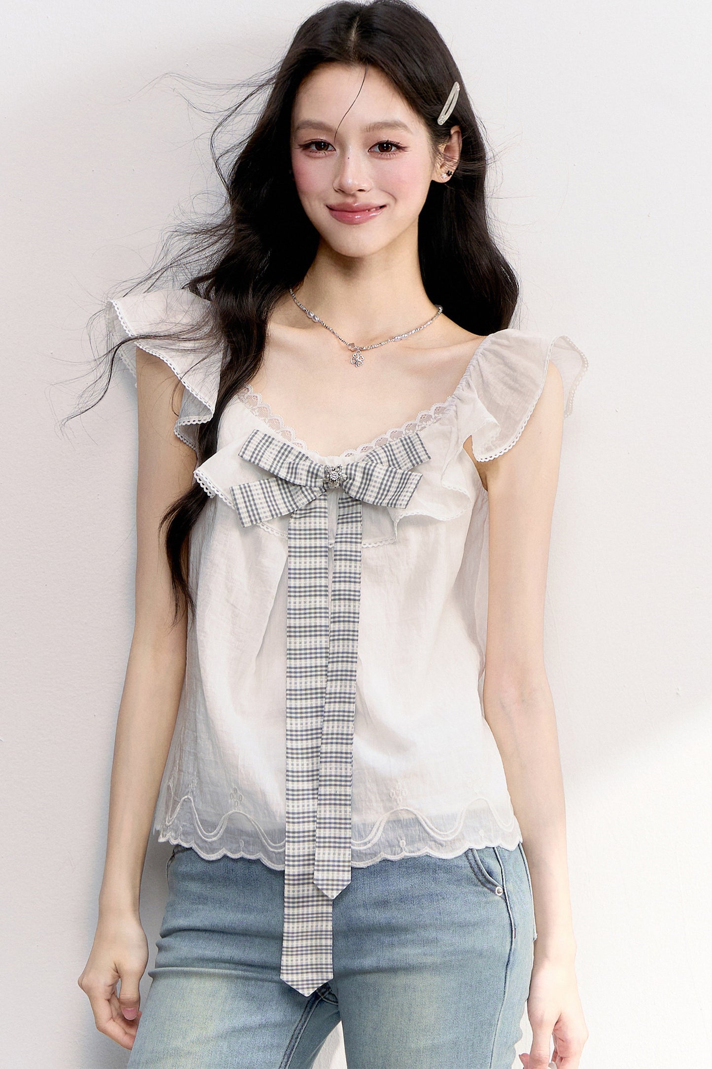 Ruffled Flutter Sleeve Plaid Bow Top