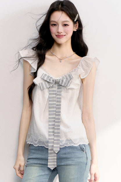 Ruffled Flutter Sleeve Plaid Bow Top