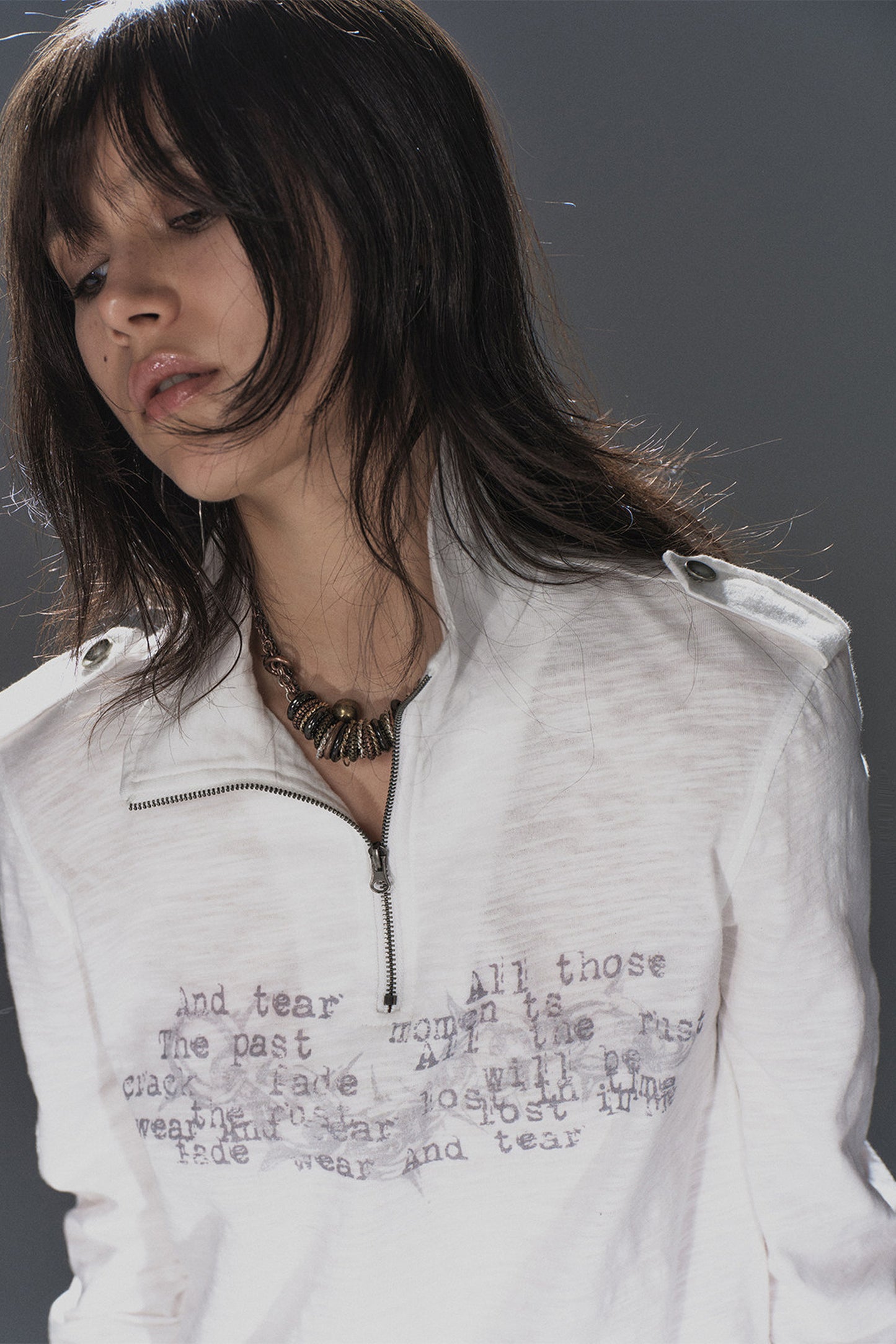 Stand Collar Metal Zipper Printed T-Shirt