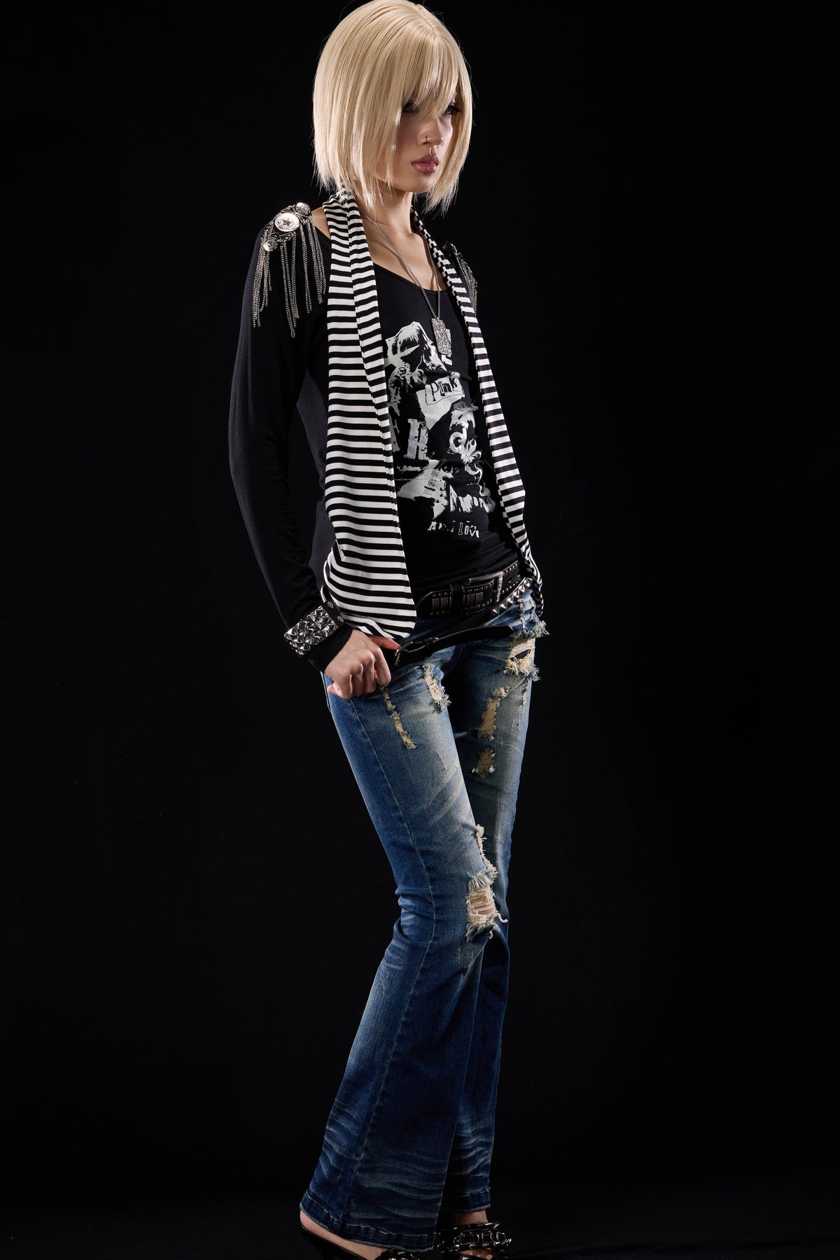 Distressed Cross-Studded Flared Jeans