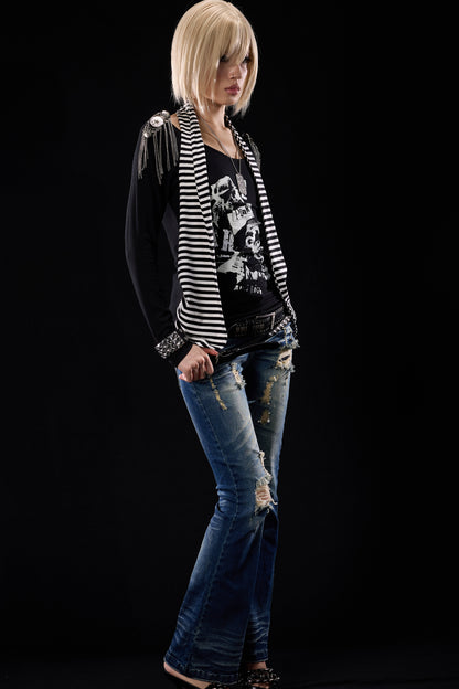 Distressed Cross-Studded Flared Jeans
