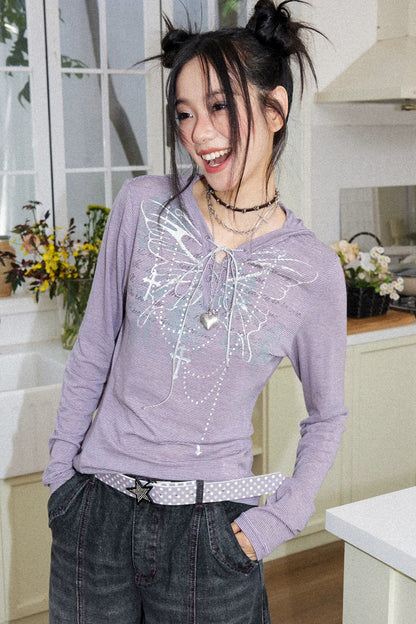 Vintage Floral Print Hooded Tie-Up T-Shirt
