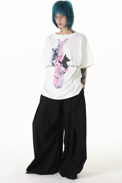 Plaid Tie Cat Print T-Shirt