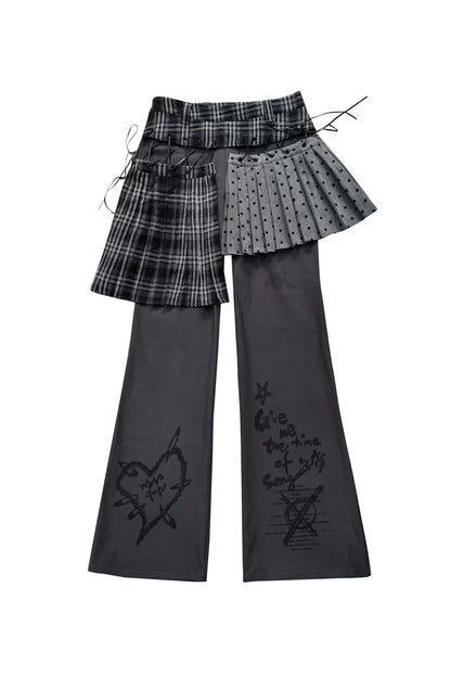 Layered Plaid Skirt Pants