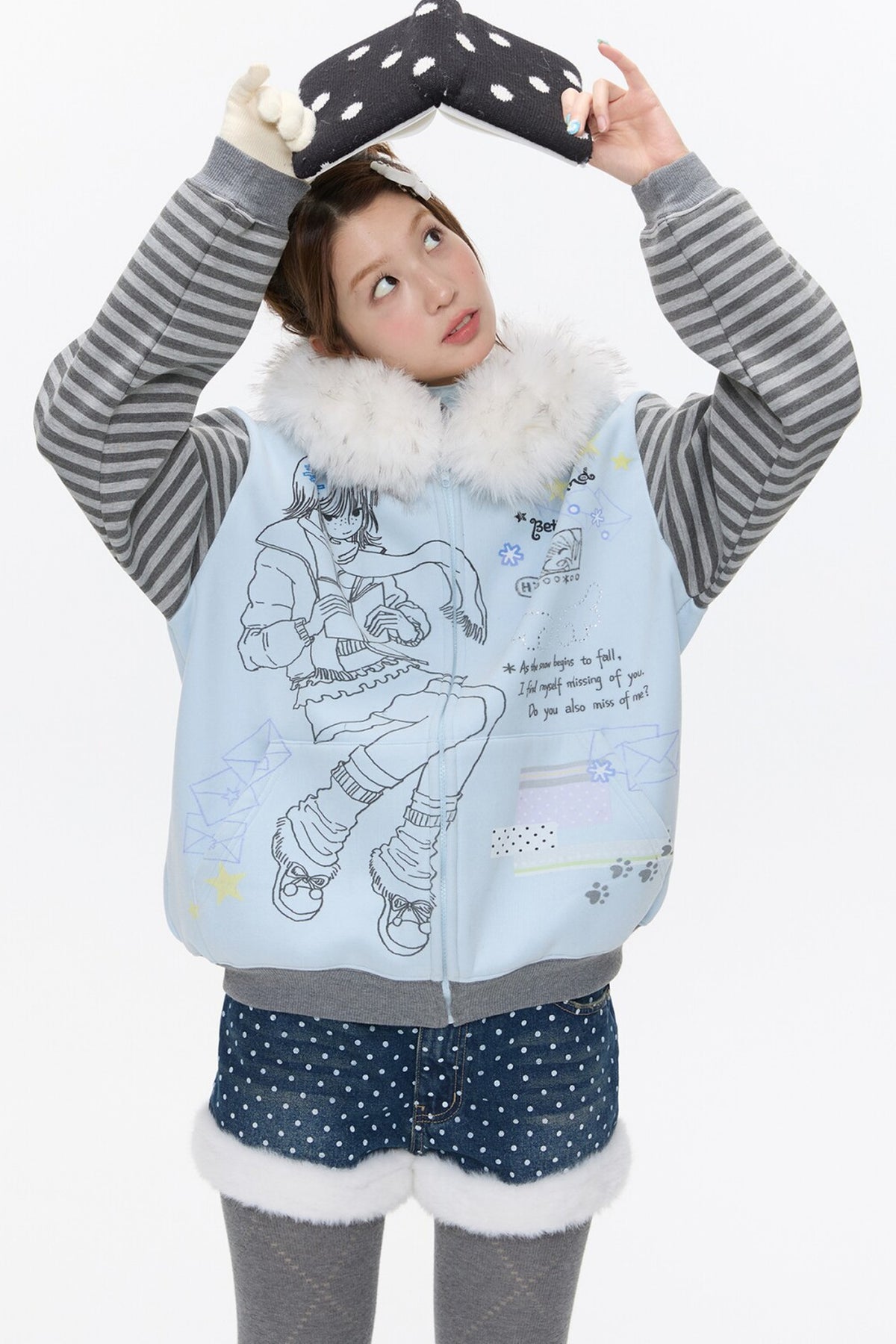 Striped Raglan Fur Collar Jacket