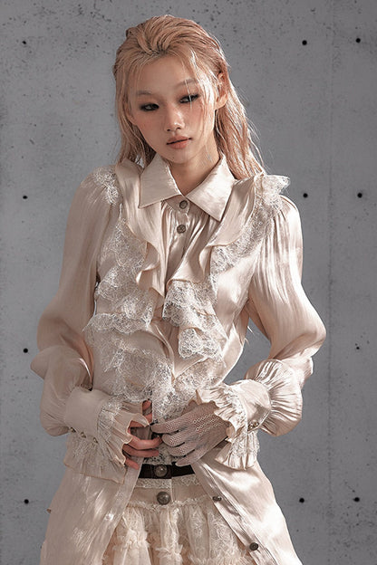 Ruffled Lace Patchwork Satin Blouse