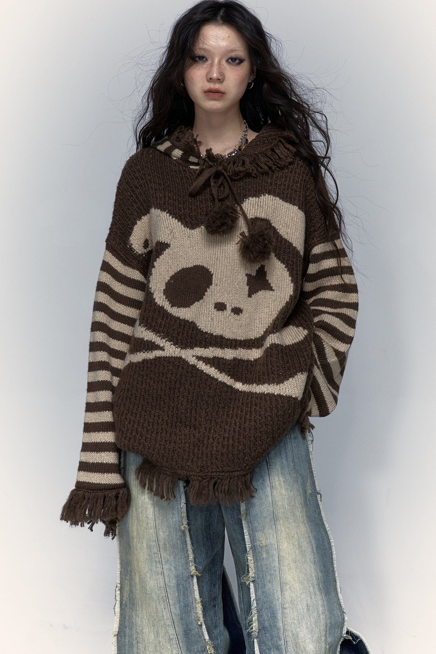 Skull Rabbit Hooded Knit Blouse