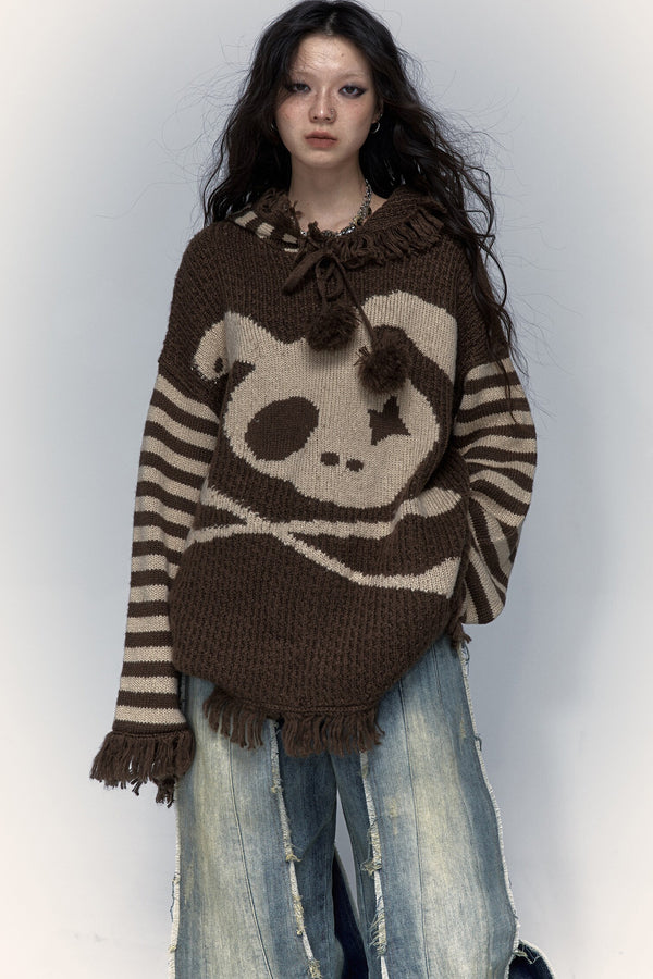 Skull Rabbit Hooded Knit Blouse