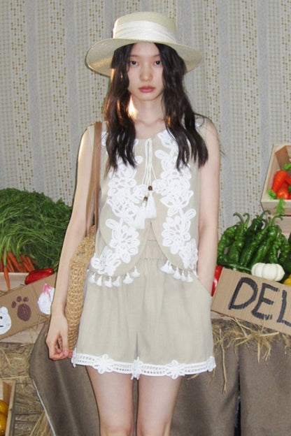 Three-Dimensional Rope Embroidery Floral Tencel Vest and Shorts Set-Up