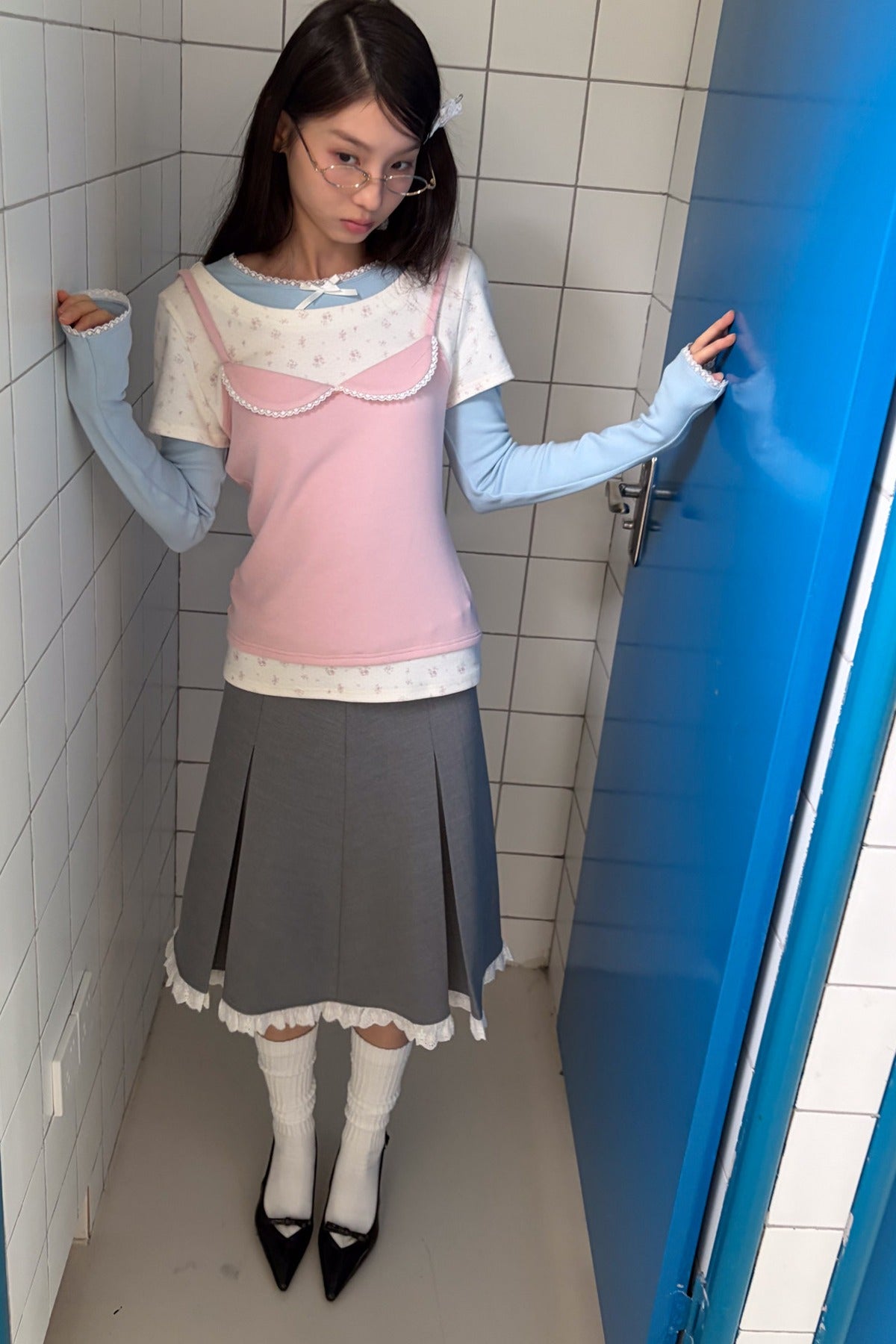 Gray Pleated Lace A-Line Skirt