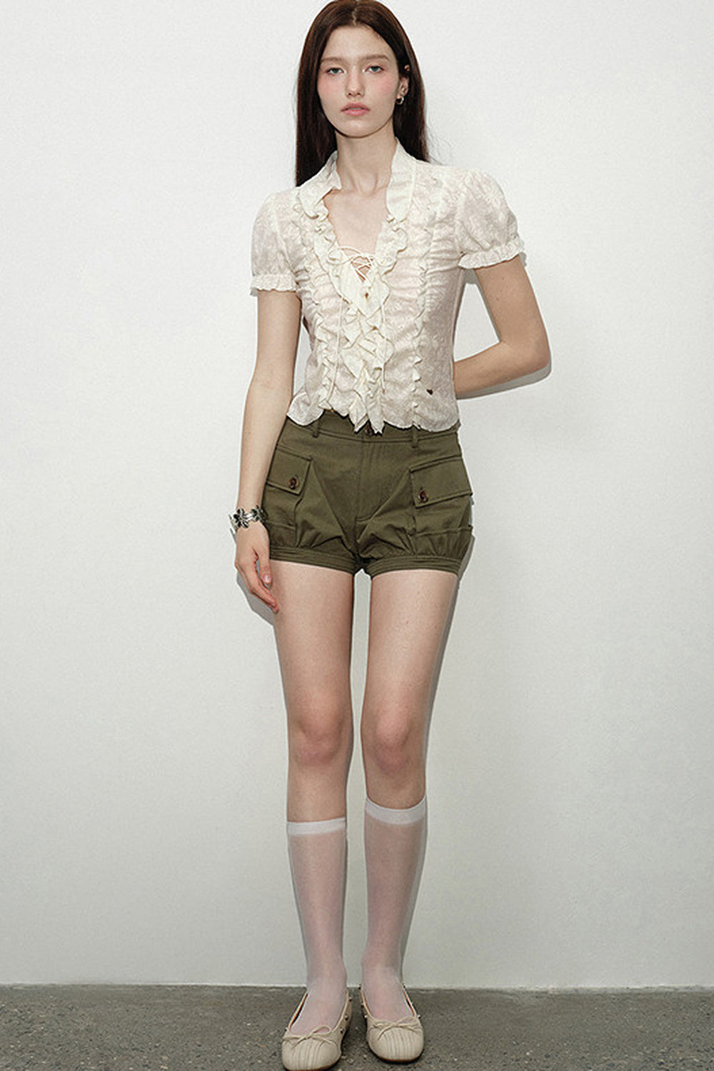Beige Chest-Tie Ruffle V-Neck Blouse