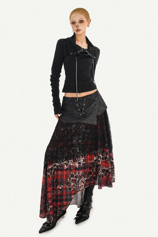 Dark Red Plaid Mesh Skirt and Top Set