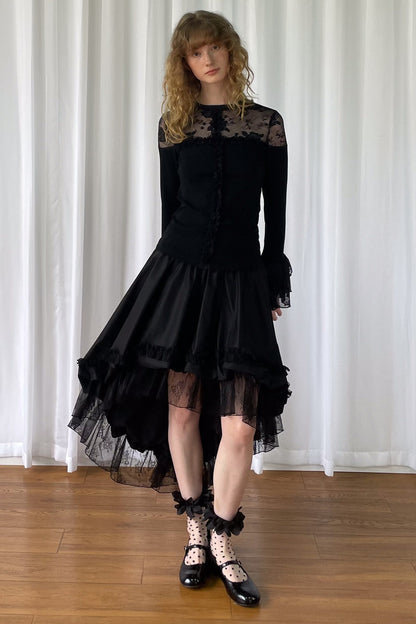 Lace Patchwork Ruffle Sleeve Knit Top