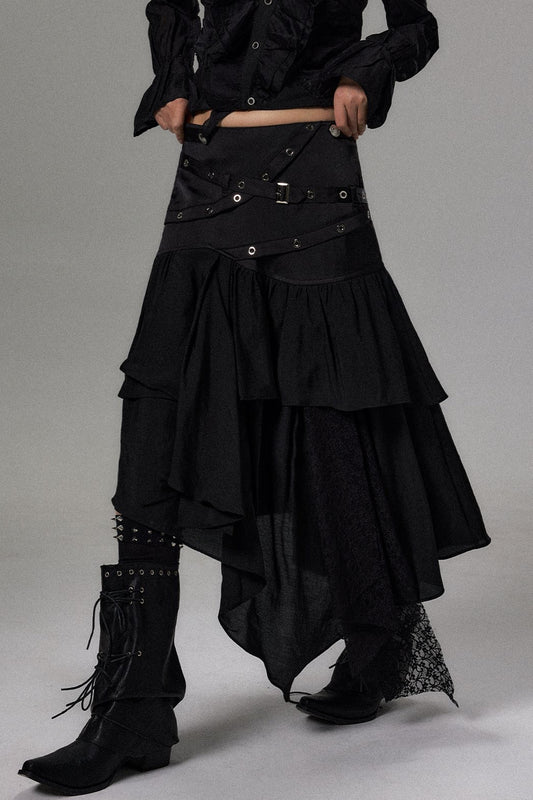 Multi-Layered Spliced Irregular Ruffle A-Line Skirt