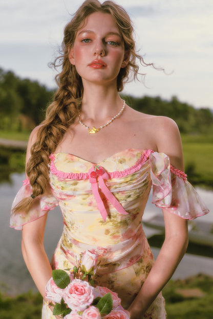 Floral Off-Shoulder Fishbone Corset Top and Skirt Set-Up