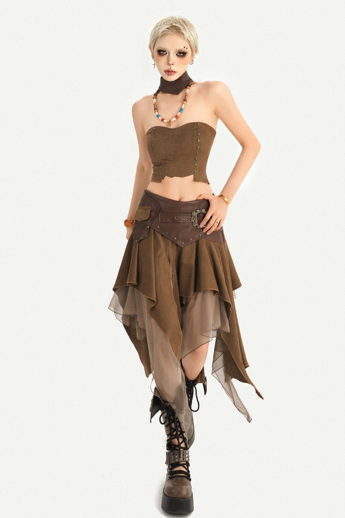 Patchwork Faux Suede Skirt and Top Set-Up