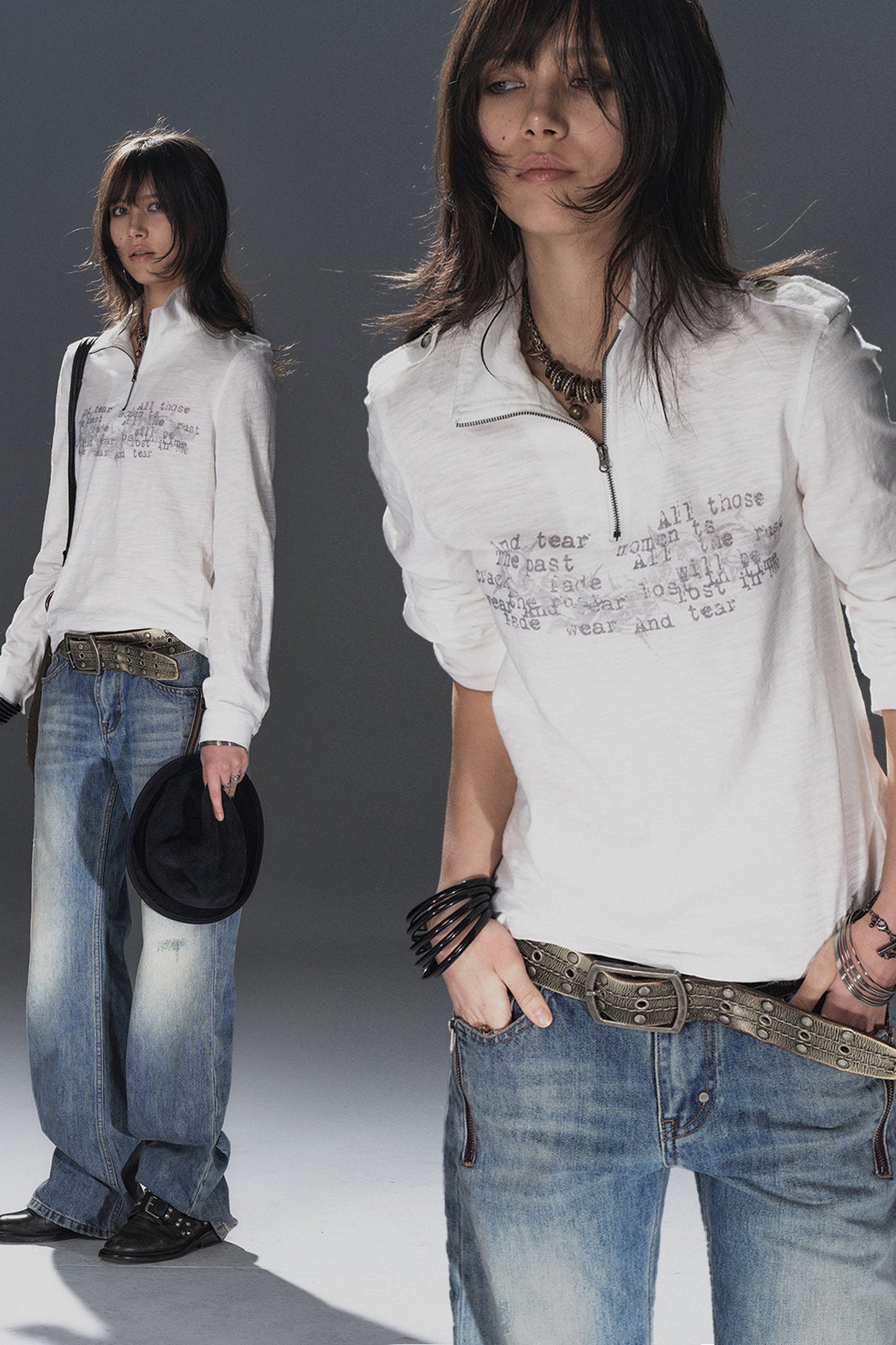 Stand Collar Metal Zipper Printed T-Shirt