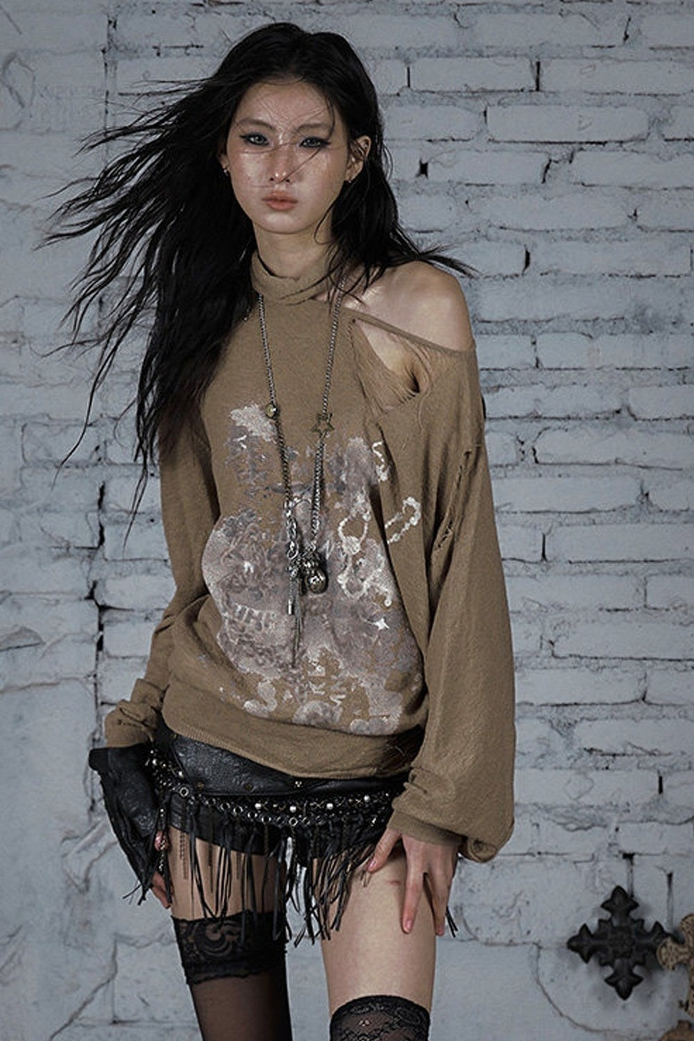 Ripped Off-Shoulder Punk Print Knit Top
