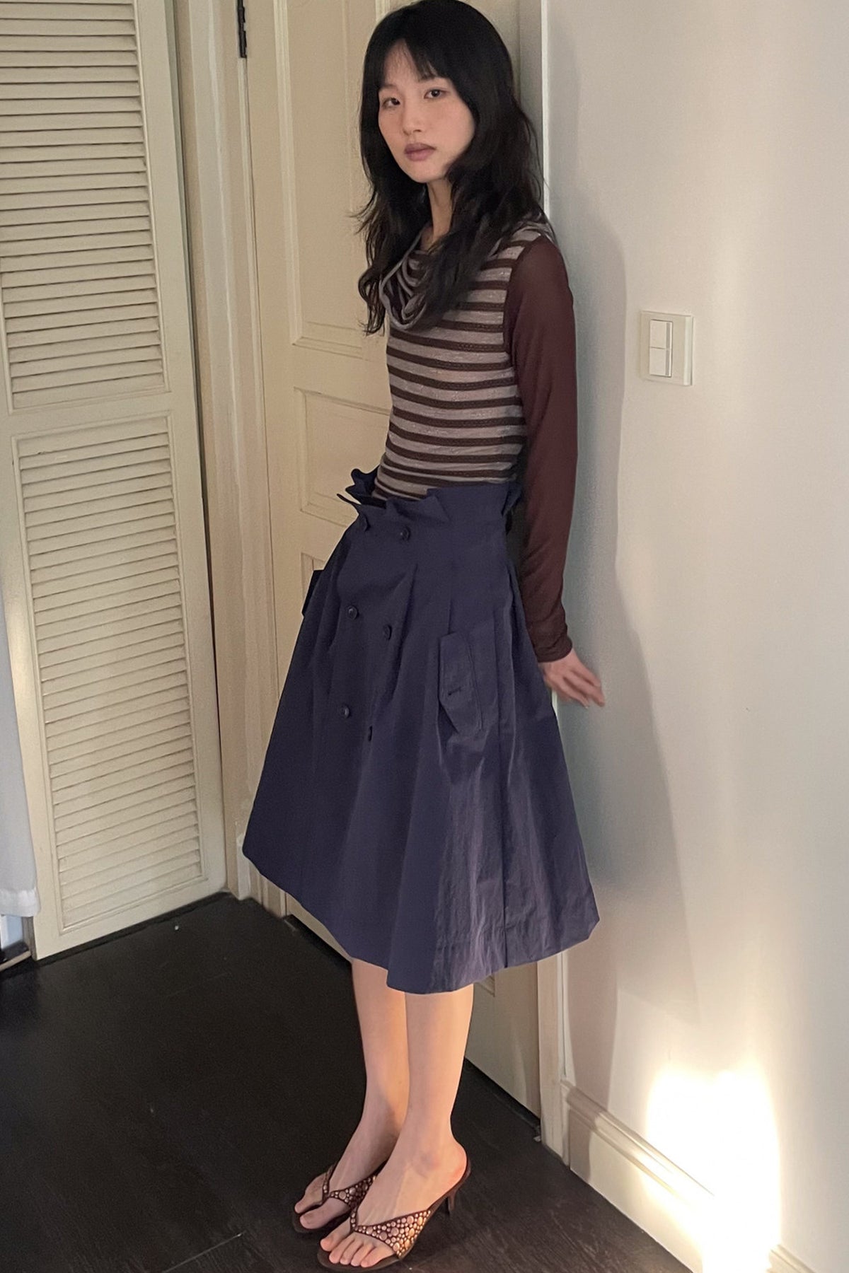 Spliced Striped Cowl Neck Long-Sleeve Blouse