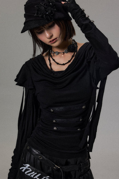 Dark Palace Buttoned Tassel Knit Top