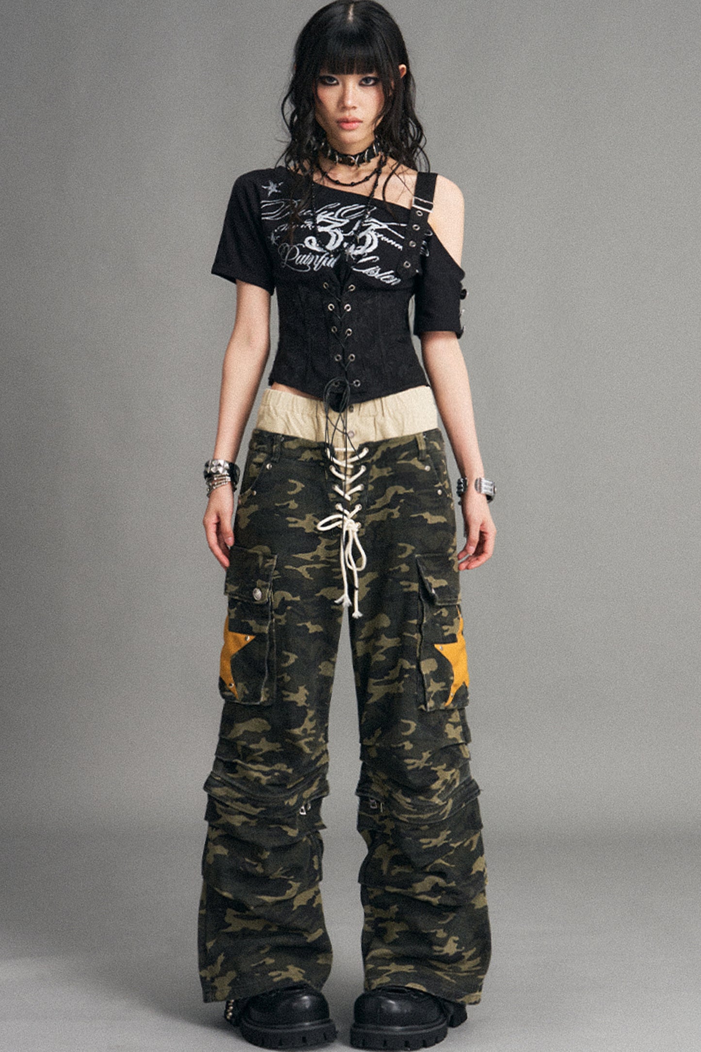 Patchwork Off-Shoulder Graffiti Print T-Shirt