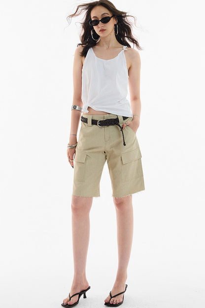 Khaki Workwear Straight-Leg Frayed Hem Pants